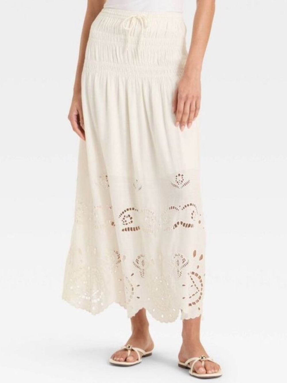 Future Collective Cream High Rise Maxi Embroidered Eyelet Drop Waist Skirt